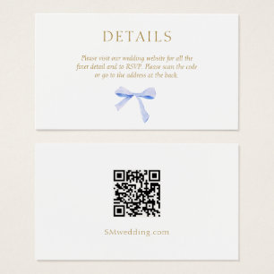 Crisp White Blue Ribbon Wedding Details QR Code Visitekaartje