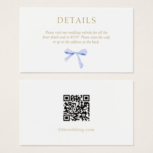 Crisp White | Blue Ribbon Wedding Details QR Code Visitekaartje (Voorkant /achterkant)