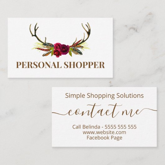Crisp White en Boho Floral Antler Personal Shopper Visitekaartje (Voorkant / Achterkant)