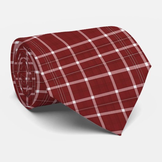 Crisp Witte en Maroon Fijne Lijn Tartan Stropdas (Opgerold)