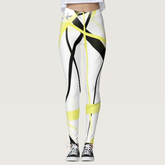 Criss Crossed Lemon Yellow en Black Stripes in Wh Leggings (Voorkant)