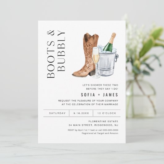 CRISTAL Boots & Bubble Couples Shower Invitation Kaart (Staand voorkant)