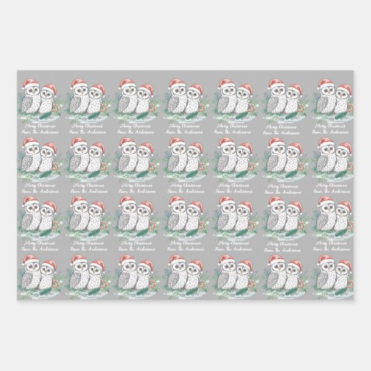 Cristmas Owl Wrapping Paper Flat Sheet Set of 3 (Voorkant)