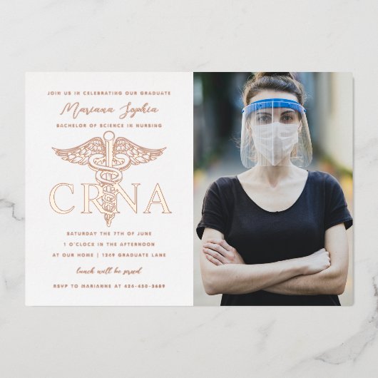 CRNA Verpleegkundig Afstuderen Foto Gold Folie Uitnodiging (Voorkant)