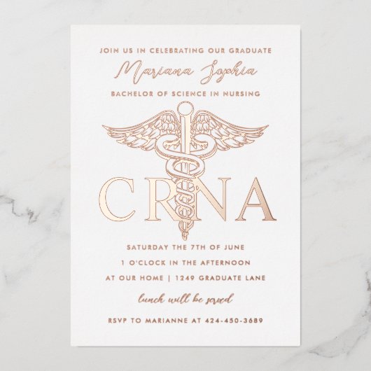 CRNA-verpleegkundige afstudeer uitnodiging met gou (Voorkant)