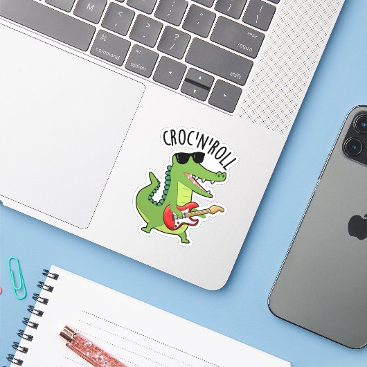 Croc N Roll Funny Crocodile Pun Sticker (Laptop met iPhone)