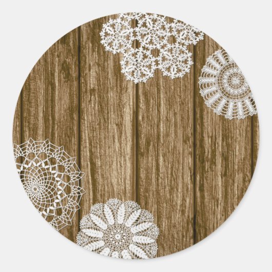 Crochet Doilies over Rustic Wood Country Farmhouse Ronde Sticker (Voorkant)