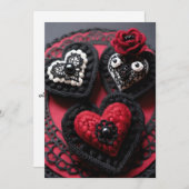 Crochet Gothic Valentine Red & Black Hearts Feestdagenkaart (Voorkant / Achterkant)