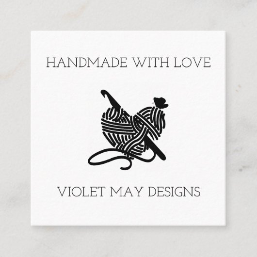 Crochet Hook en Yarn Heart Handmade with Love Vierkante Visitekaartje (Voorkant)