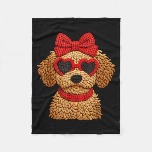 Crochet Puppy Heart Sungles Red Bow Valentines Day Fleece Deken (Voorkant)