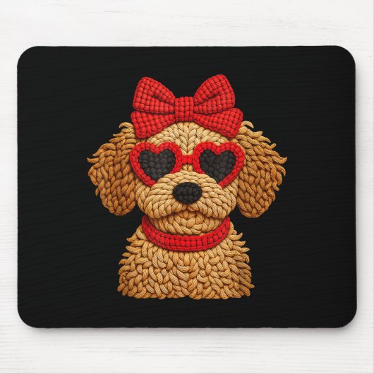 Crochet Puppy Heart Sungles Red Bow Valentines Day Muismat (Voorkant)