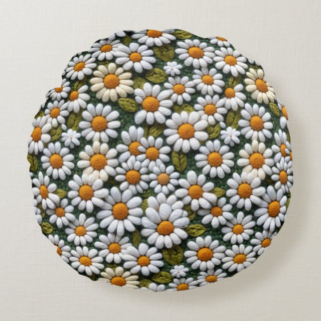 Crochet White Daisies Spring Wildflowers Rond Kussen (Voorkant)