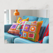 Crocheted Granny Square Pillows Lying on a Sofa Briefkaart (Voorkant)