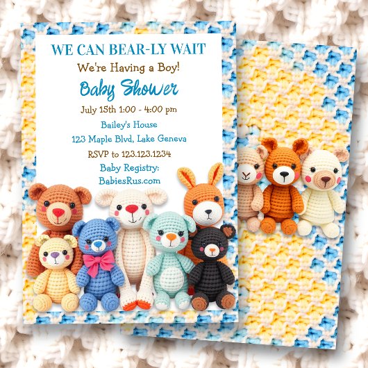 Crocheted Stuffed Animals Boy's Baby Shower Kaart