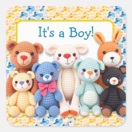 Crocheted Stuffed Animals | It's a Boy Vierkante Sticker (Voorkant)