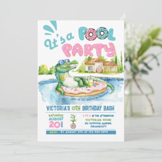 Croco-Donut Pool Party uitnodiging (Staand voorkant)