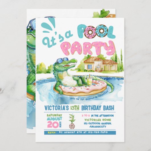 Croco-Donut Pool Party uitnodiging (Voorkant / Achterkant)