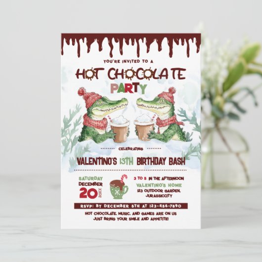 Crocodile Hot Chocolate Party Verjaardag Uitnodigi Kaart (Staand voorkant)