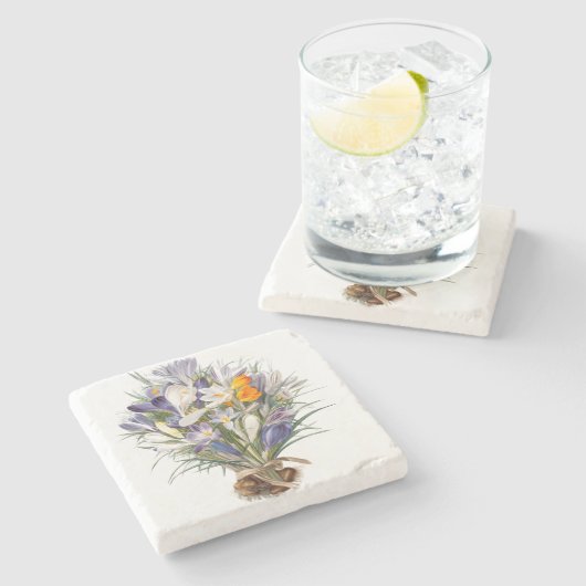 Crocus Spring Flower Botanische Bloemkunst Stenen Onderzetter (Zijkant)