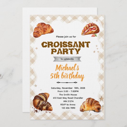 Croissant Birthday Invitation Kaart (Voorkant / Achterkant)