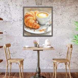 Croissant & Cappuccino Waterverf Cafe Keuken Kunst Canvas Afdruk