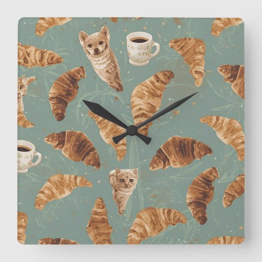 Croissant Crawl Cats, Coffee & French Bakery Chaos Vierkante Klok (Voorkant)