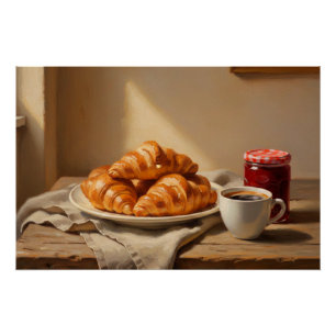 Croissant en koffieochtendstillleven in een gezell perfect poster
