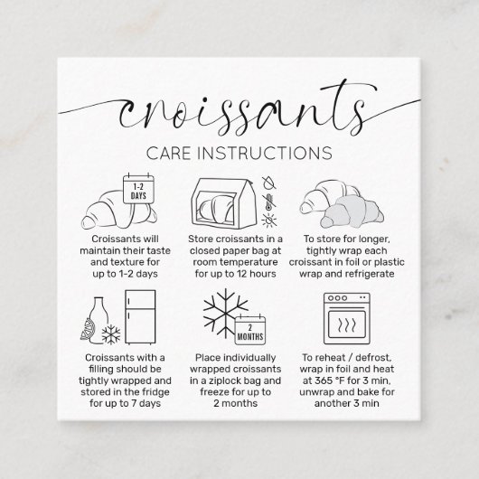 Croissants Care Instructies Minimale gebak Vierkante Visitekaartje (Voorkant)