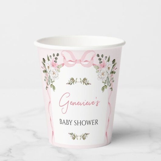 Croquette Pink Bow Floral Baby shower Papieren Bekers (Voorkant)