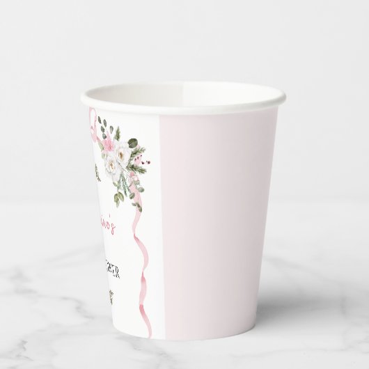 Croquette Pink Bow Floral Baby shower Papieren Bekers (Links)