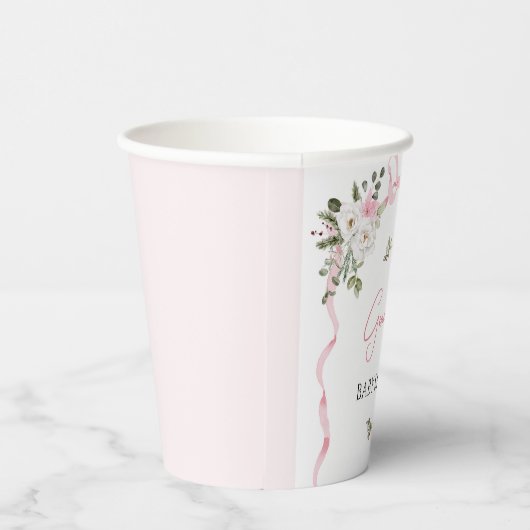 Croquette Pink Bow Floral Baby shower Papieren Bekers (Rechts)