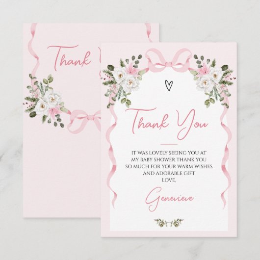 Croquette Roze Bow Arch Winter Floral Baby shower Bedankkaart (Voorkant / Achterkant)