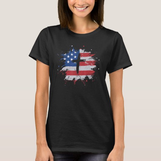 Cross-American Flag Christelijke Mannen T-shirt (Voorkant)