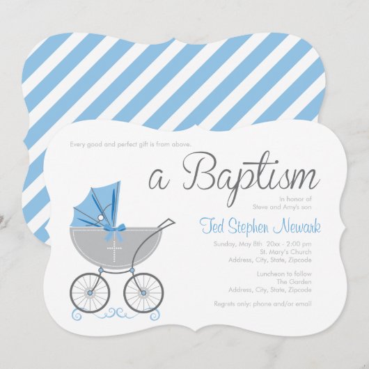 cross-Baby-rijtuig | Blue Boy doop uitnodiging (Voorkant / Achterkant)