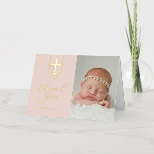 Cross Banner Script Religieus Dankjewel Foto Roze Folie Wenskaart (Voorkant)