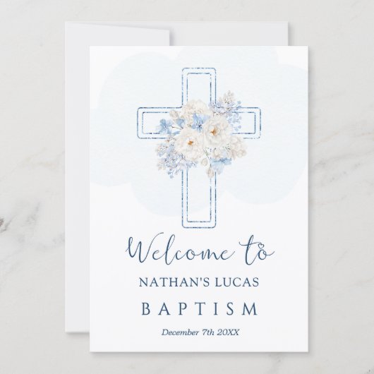 Cross Blue Floral Welcome to Baptism Announcement (Voorkant)
