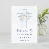 Cross Blue Floral Welcome to Baptism Announcement (Staand voorkant)