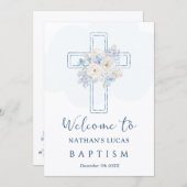 Cross Blue Floral Welcome to Baptism Announcement (Voorkant / Achterkant)