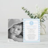Cross Blue Stripes Boy Foto Baptisme Uitnodiging (Staand voorkant)