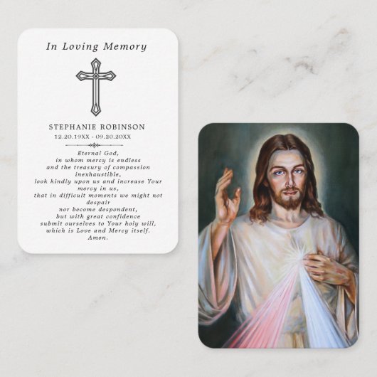 Cross Divine Mercy Jesus Funeral Prayer Card Visitekaartje (Voorkant / Achterkant)