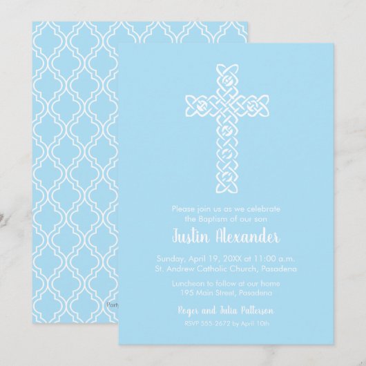 Cross- en Bleke Blauwe Baptisme Christening Uitnod (Voorkant / Achterkant)