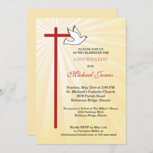 Cross en Dove Gold Rays Jongens Bevestiging Kaart (Voorkant / Achterkant)