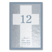 Cross First Commune Faux Silver Dusty Blue Boy Kaart (Voorkant)