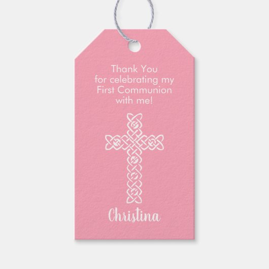 Cross Flamingo Pink Communion Baptisme Christening Cadeaulabel (Voorkant)