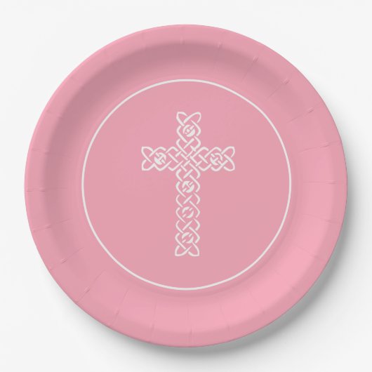 Cross Flamingo Pink Communion Baptisme Christening Papieren Bordje (Voorkant)