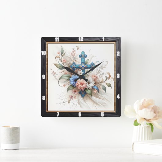  Cross Floral Elegance Vierkante Klok (Huis)
