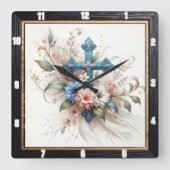  Cross Floral Elegance Vierkante Klok (Voorkant)