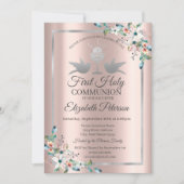 Cross Floral Roos Gold First Heilige Communie Kaart (Voorkant)