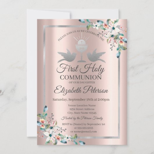 Cross Floral Roos Gold First Heilige Communie Kaart (Voorkant)