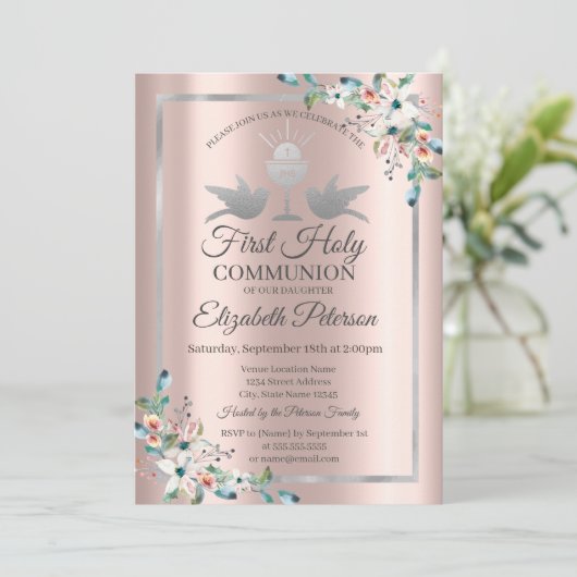 Cross Floral Roos Gold First Heilige Communie Kaart (Staand voorkant)